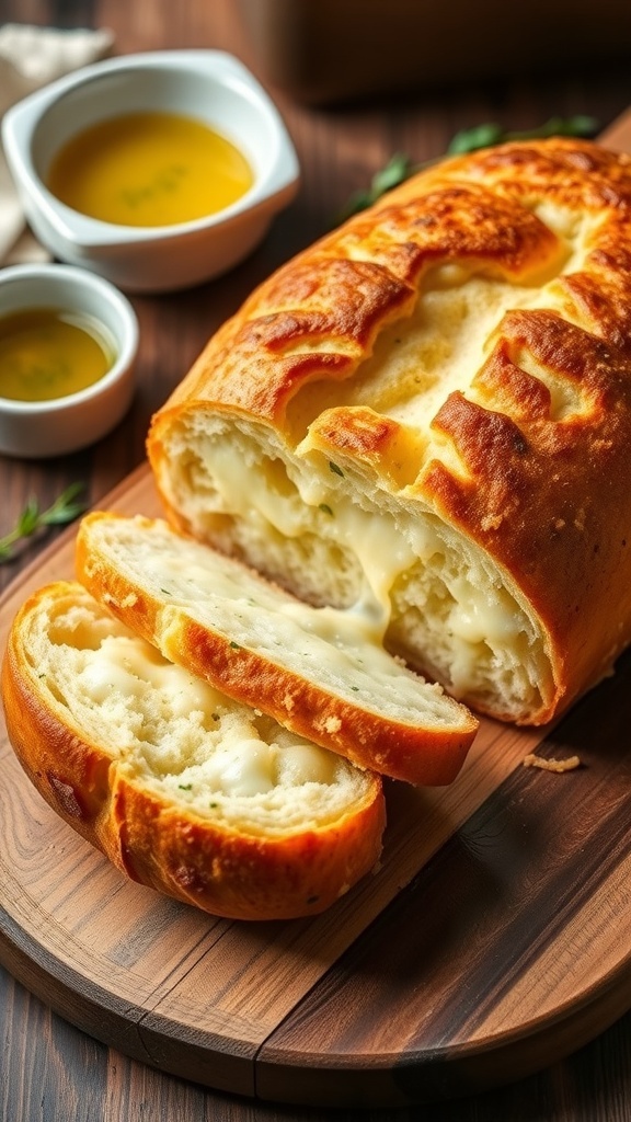 Cheesy Mozzarella Dutch Oven Bread A golden crusty loaf of mozzarella bread with melted cheese, sliced on a wooden board.